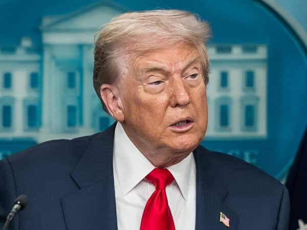 Donald Trump speaking at a press conference amid reports of Trump banning CNN and MS NOW from the White House