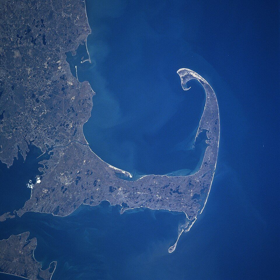 Satellite view of Cape Cod, Massachusetts, showing the peninsula where Chatham is located