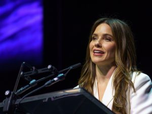 Sophia Bush speaking on stage at the Variety comedy awards at SXSW 2024