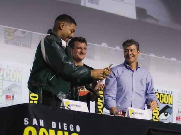 Aaron Pierre, Nathan Fillion and Kyle Chandler, the stars of HBO's Lanterns, together at San Diego Comic-Con 2026.