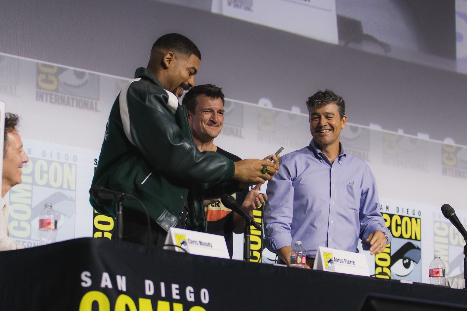 Aaron Pierre, Nathan Fillion and Kyle Chandler, the stars of HBO's Lanterns, together at San Diego Comic-Con 2026.