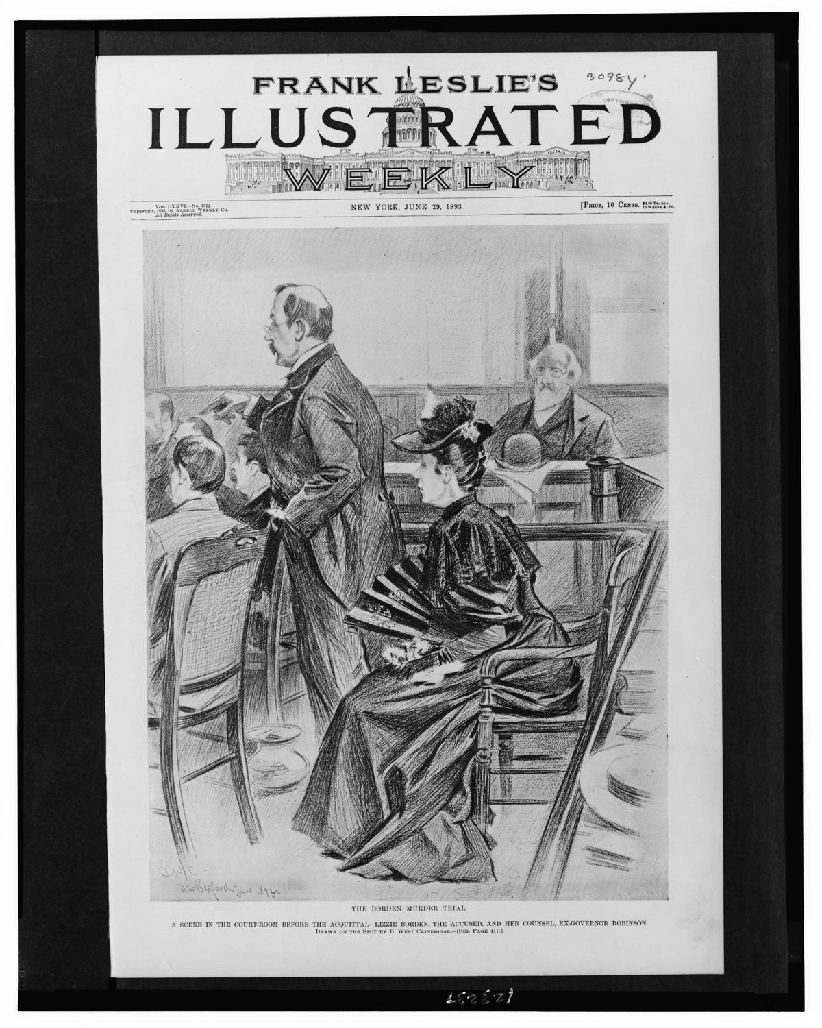 Courtroom sketch of Lizzie Borden with her counsel during the 1893 trial.