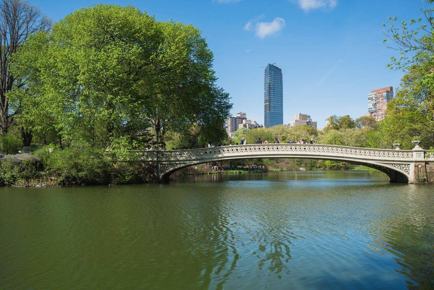 Bow Bridge in Central Park with the Manhattan skyline.