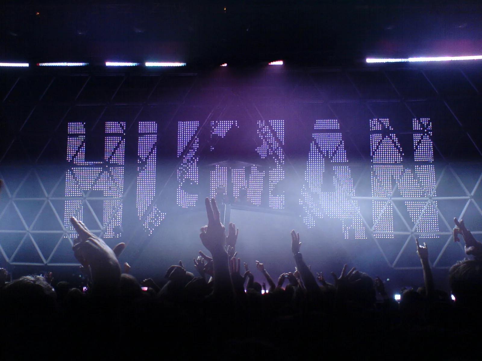 Daft Punk's Alive 2007 pyramid stage glowing with LED panels during a concert in Berlin