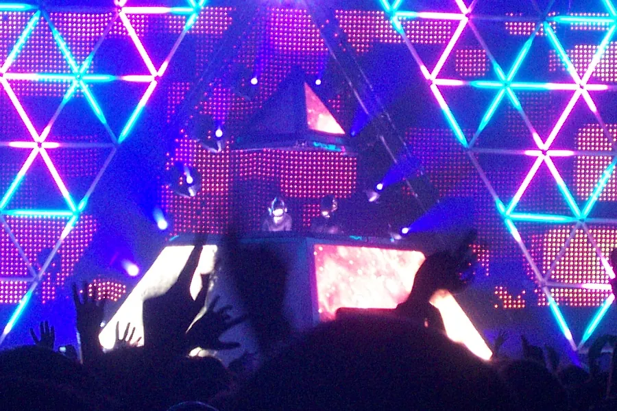 Daft Punk performing inside the glowing pyramid at the Palais Omnisports de Paris-Bercy on June 14, 2007