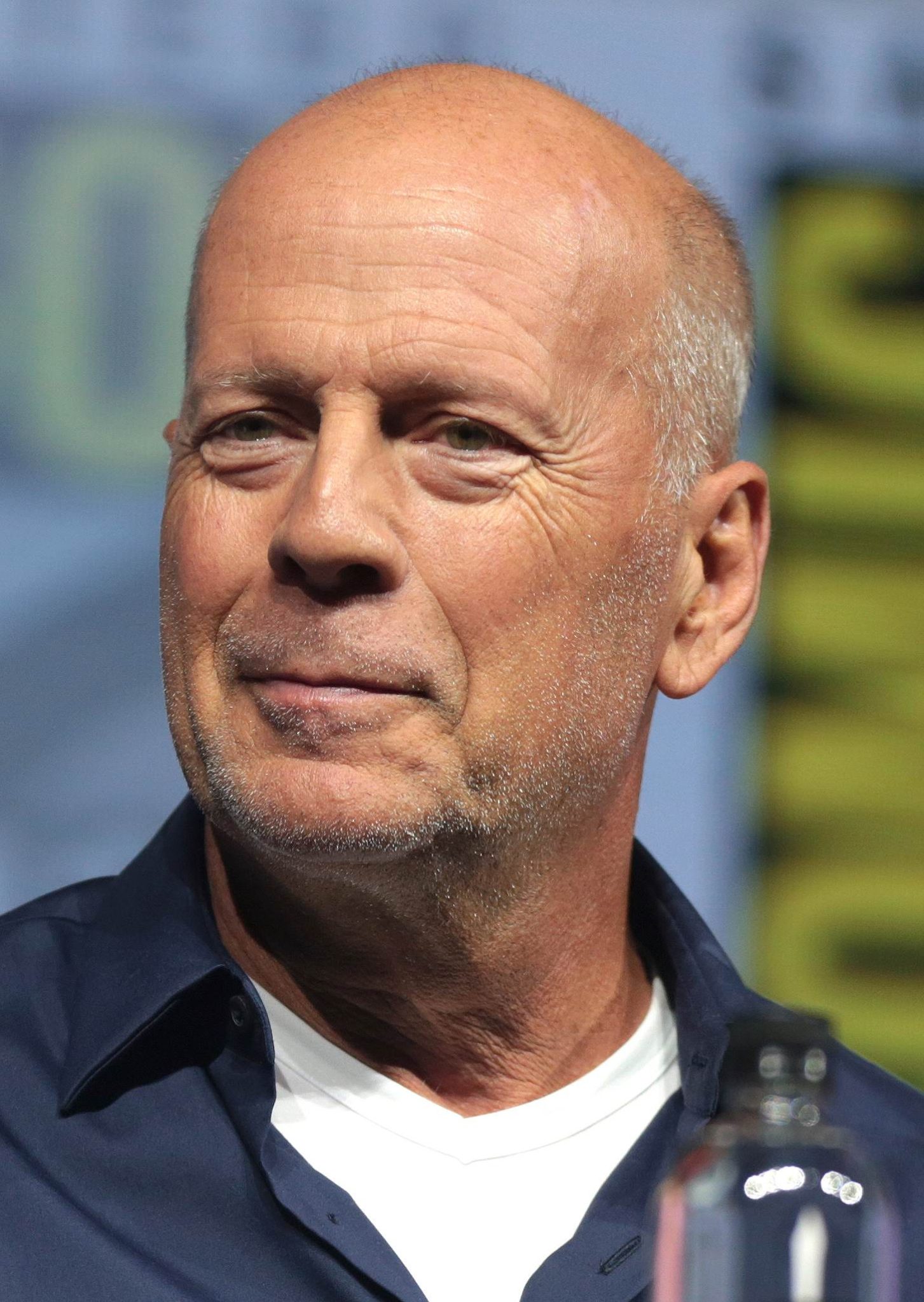 Bruce Willis answering questions during a panel appearance at a fan convention