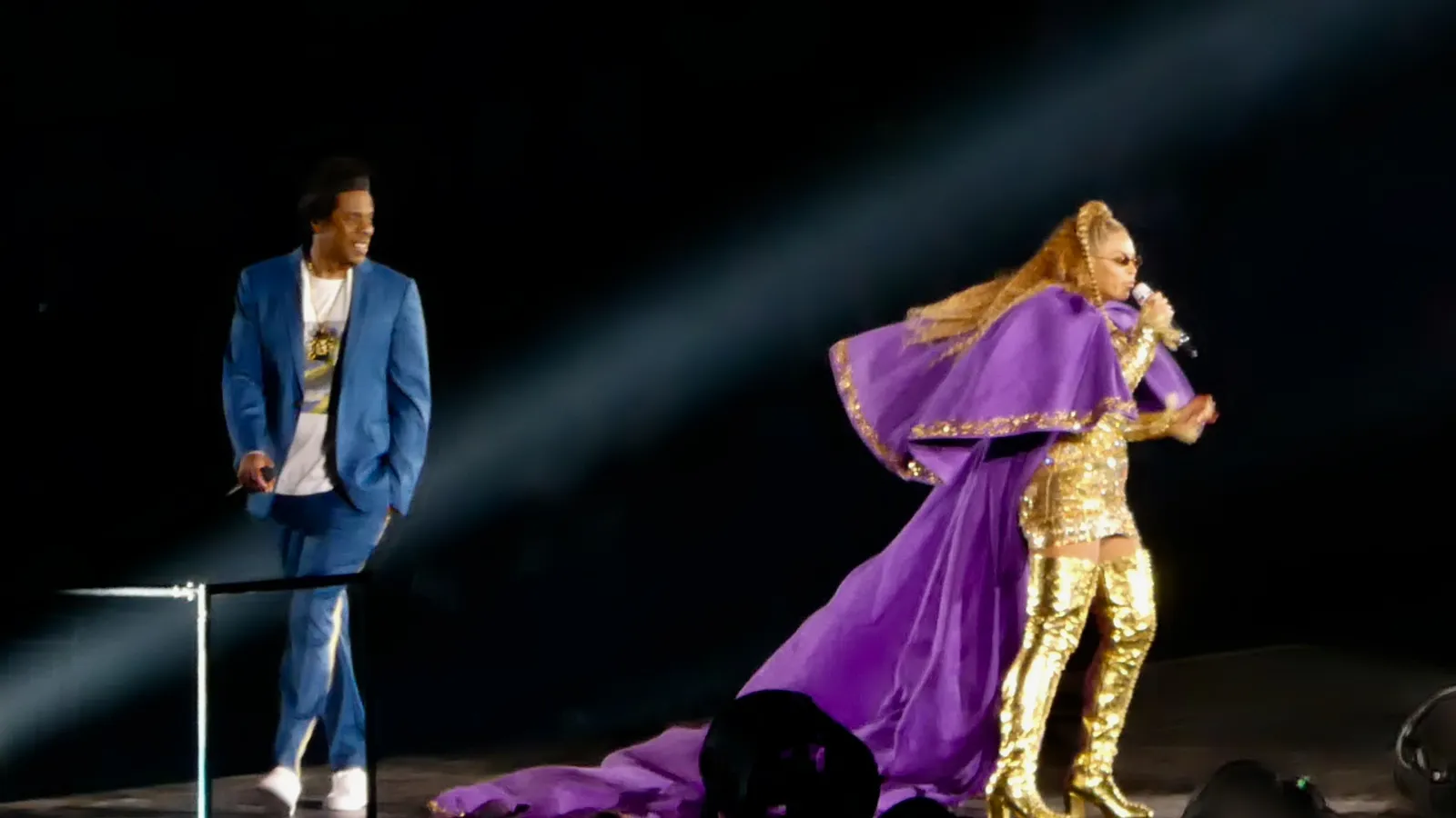 Beyoncé and Jay-Z performing together on stage during the On the Run II Tour