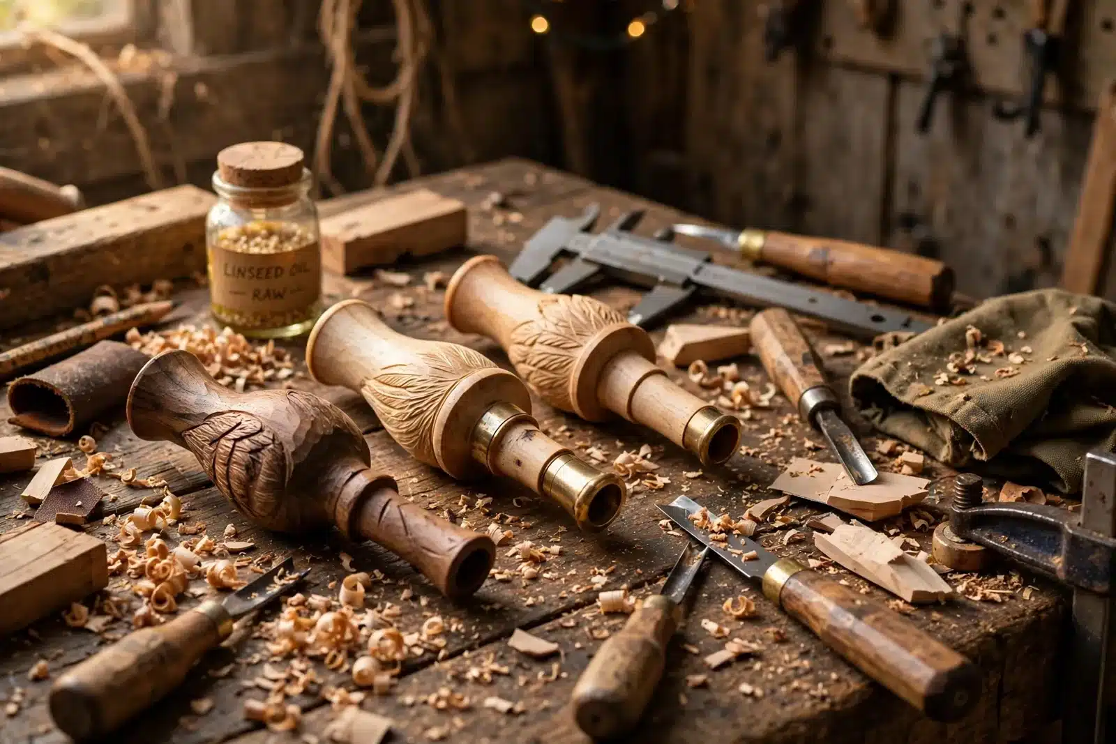 Hand-carved wooden duck calls like the ones Duck Commander makes