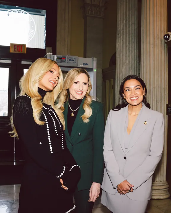 Paris Hilton with Representative Alexandria Ocasio-Cortez and Laurel Lee in Washington after the Senate passed the DEFIANCE Act