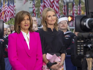 Today show meteorologist Dylan Dreyer (right) with Hoda Kotb on the Today Show set in New York City