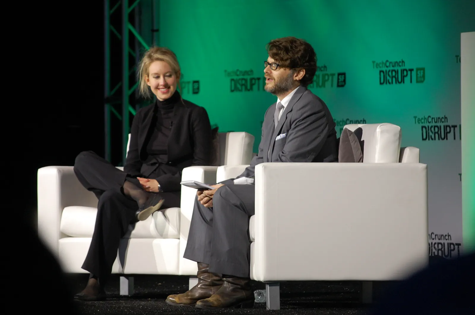 Elizabeth Holmes speaking onstage at TechCrunch Disrupt in 2014, before the Theranos fraud case