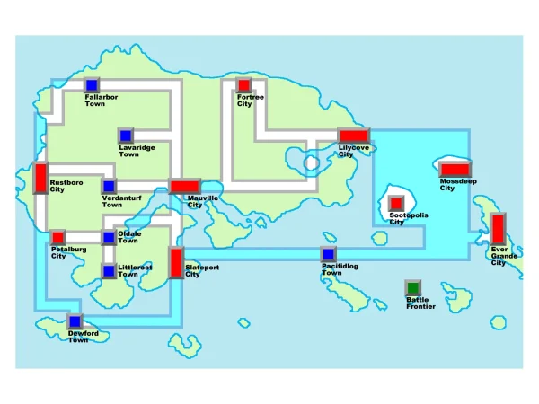 Map of the Hoenn region from Pokémon Ruby and Sapphire.