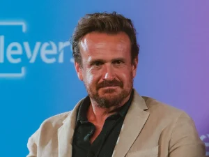 Jason Segel smiling at the 2025 Televerse festival, months before his wedding to Kayla Radomski