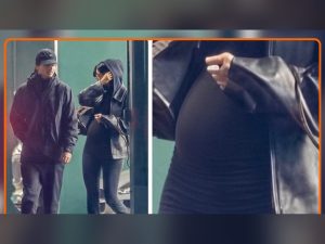 Kylie Jenner and Timothée Chalamet in the viral photos that sparked pregnancy rumors, with a zoomed-in view of Jenner's midsection