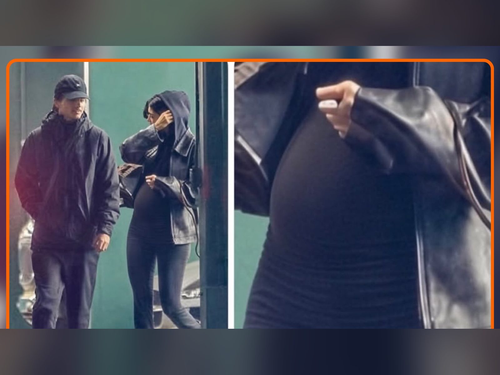 Kylie Jenner and Timothée Chalamet in the viral photos that sparked pregnancy rumors, with a zoomed-in view of Jenner's midsection