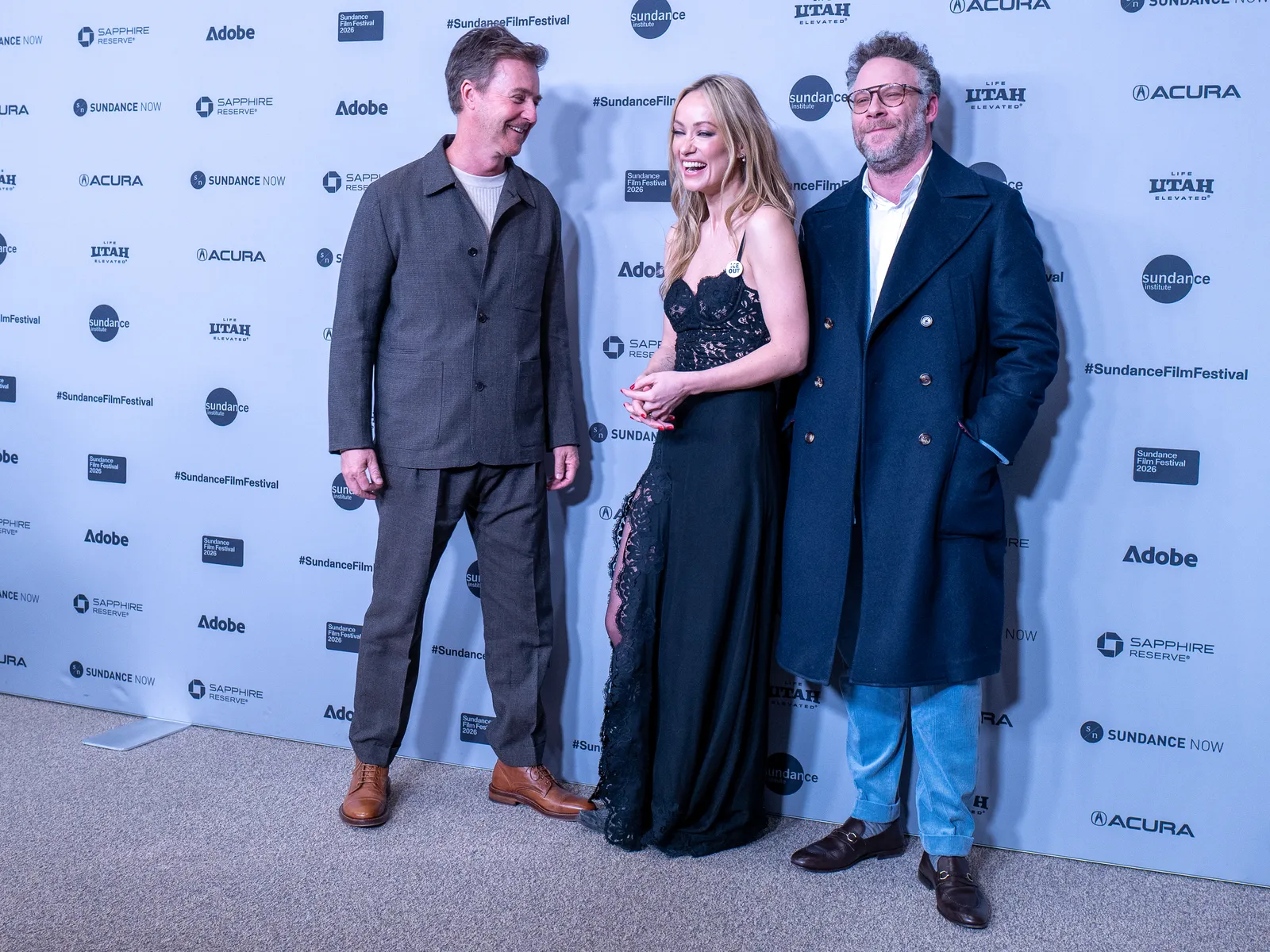 Edward Norton, Olivia Wilde and Seth Rogen at The Invite premiere at the 2026 Sundance Film Festival