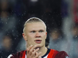 Erling Haaland close-up portrait in a Norway shirt