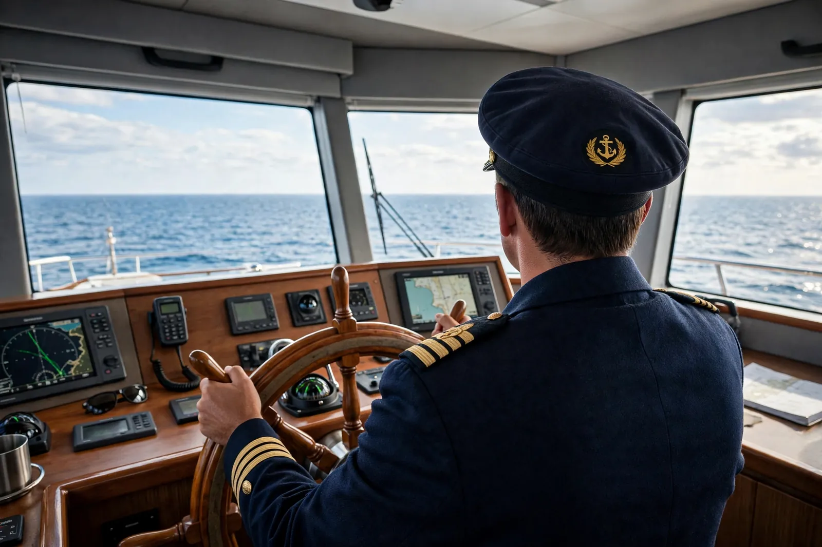 A captain at the helm of a superyacht bridge