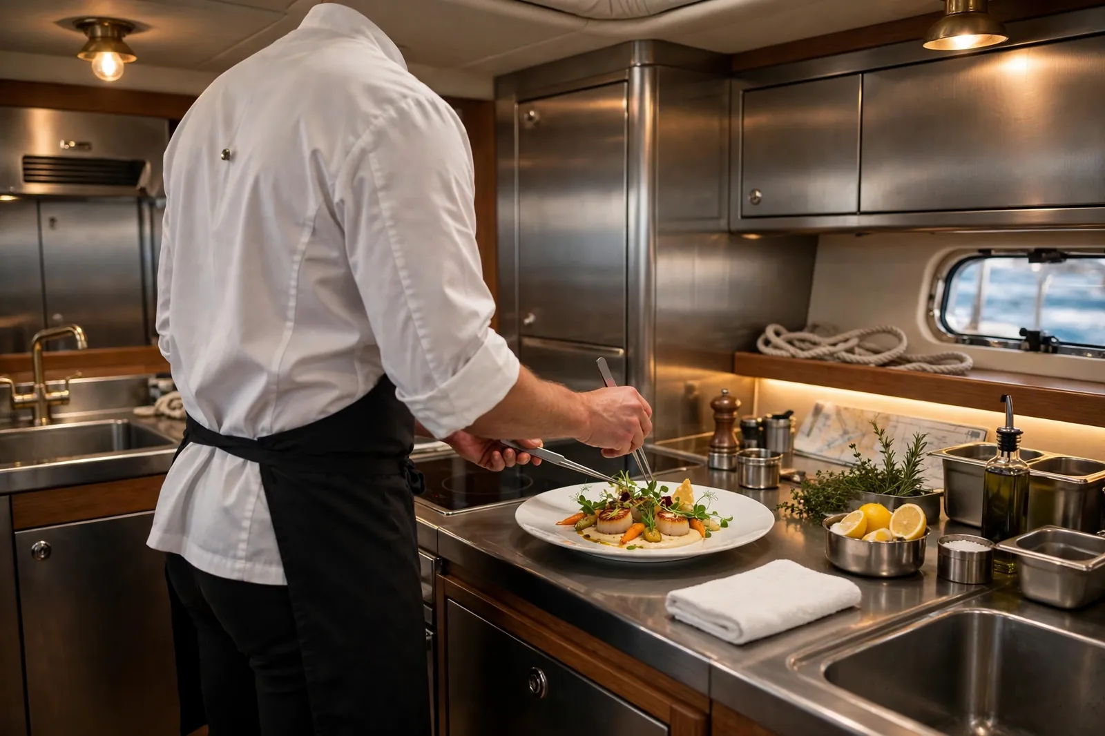 A private chef plating a gourmet dish in a yacht galley