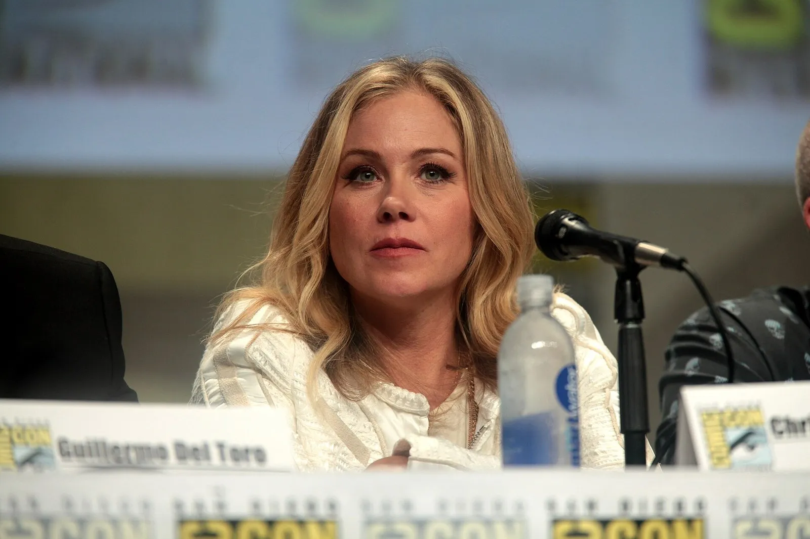 Christina Applegate speaking at a San Diego Comic-Con panel in 2014