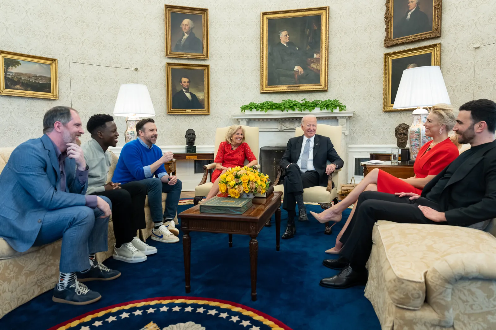 Jason Sudeikis with the Ted Lasso cast meeting President Joe Biden and First Lady Jill Biden at the White House in 2023