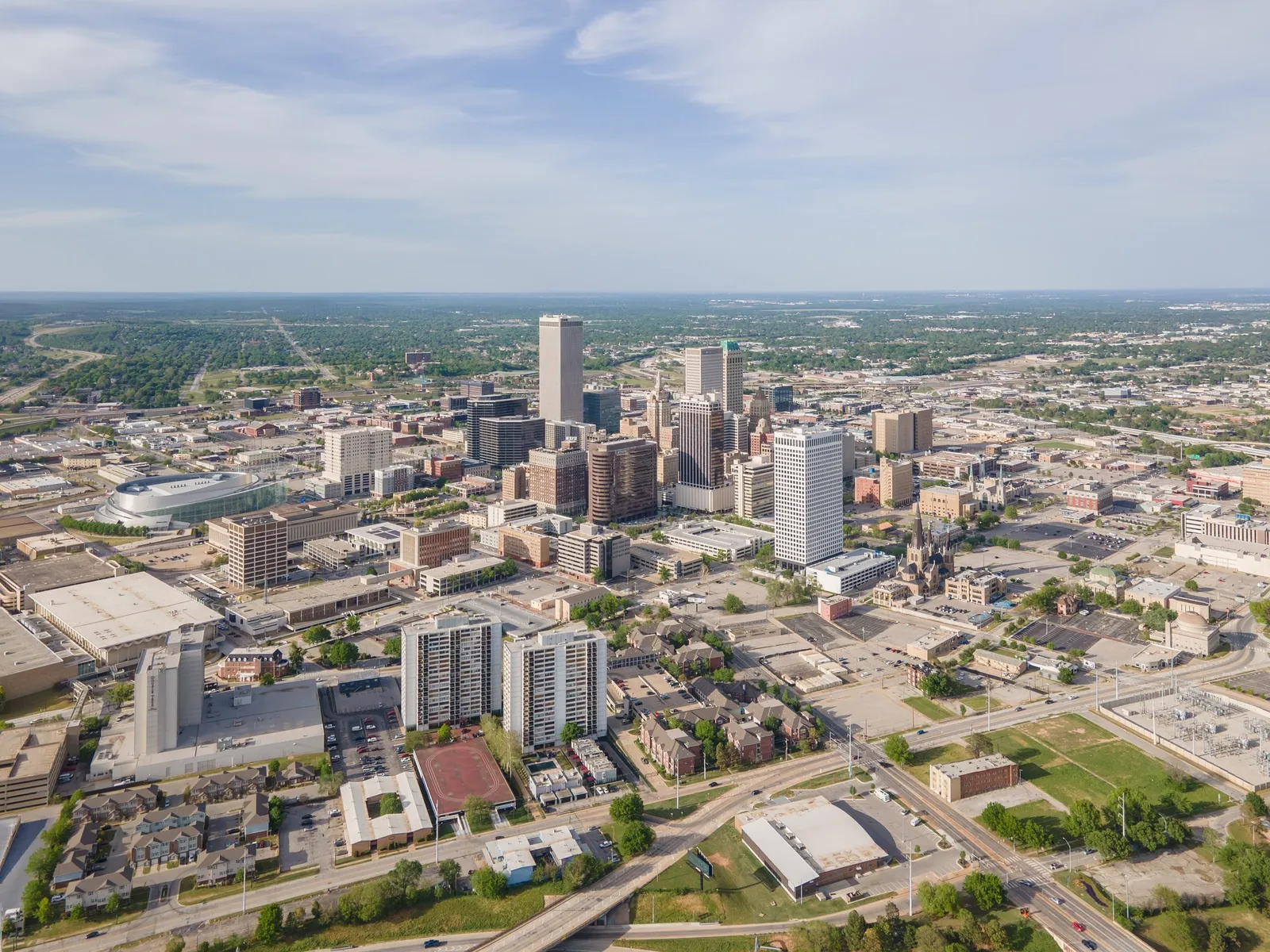 Aerial view of the downtown Tulsa, Oklahoma skyline