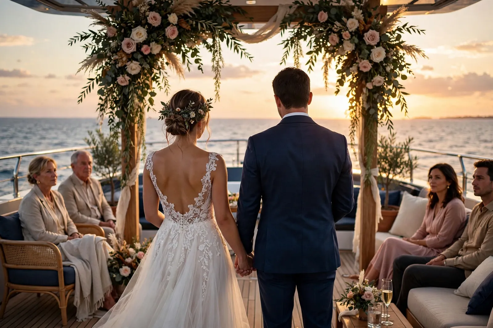 A sunset wedding ceremony on a yacht deck