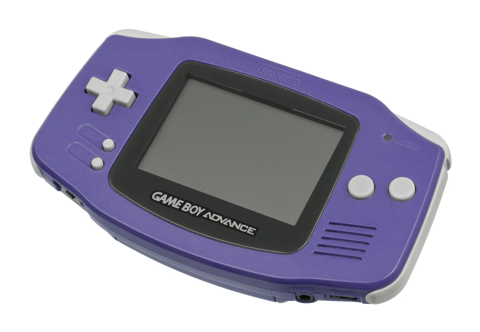 A purple Nintendo Game Boy Advance, the handheld that originally ran Pokémon Ruby and Sapphire