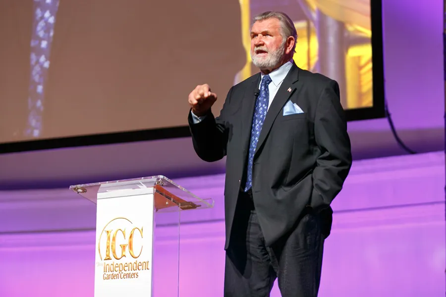 Mike Ditka speaking at the Independent Garden Centers Show in August 2016