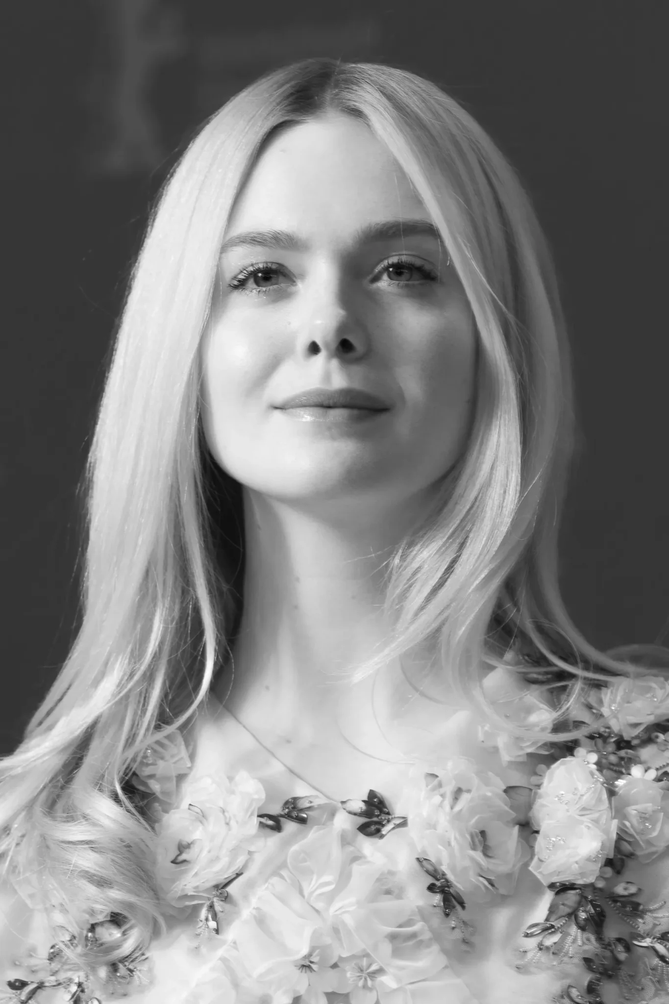 Elle Fanning at the 2020 Berlin International Film Festival, black and white portrait.