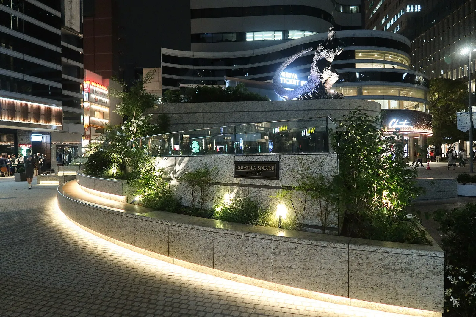 A life-size Godzilla statue on display at Godzilla Square in Tokyo, Japan