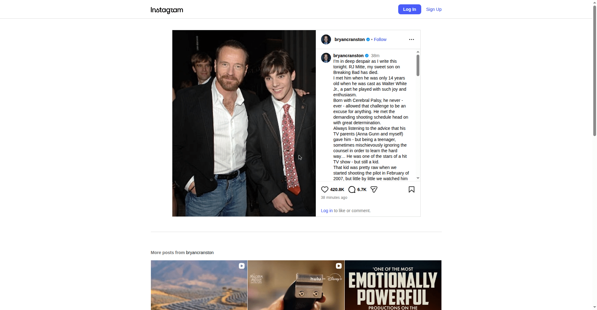 Bryan Cranston's Instagram tribute to RJ Mitte
