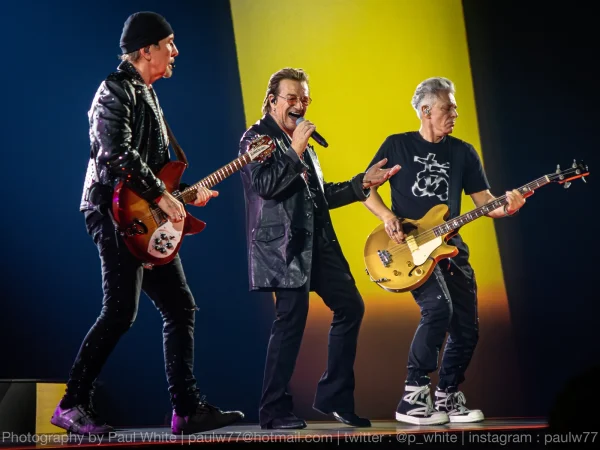 Bono, The Edge and Adam Clayton of U2 performing at Sphere in Las Vegas