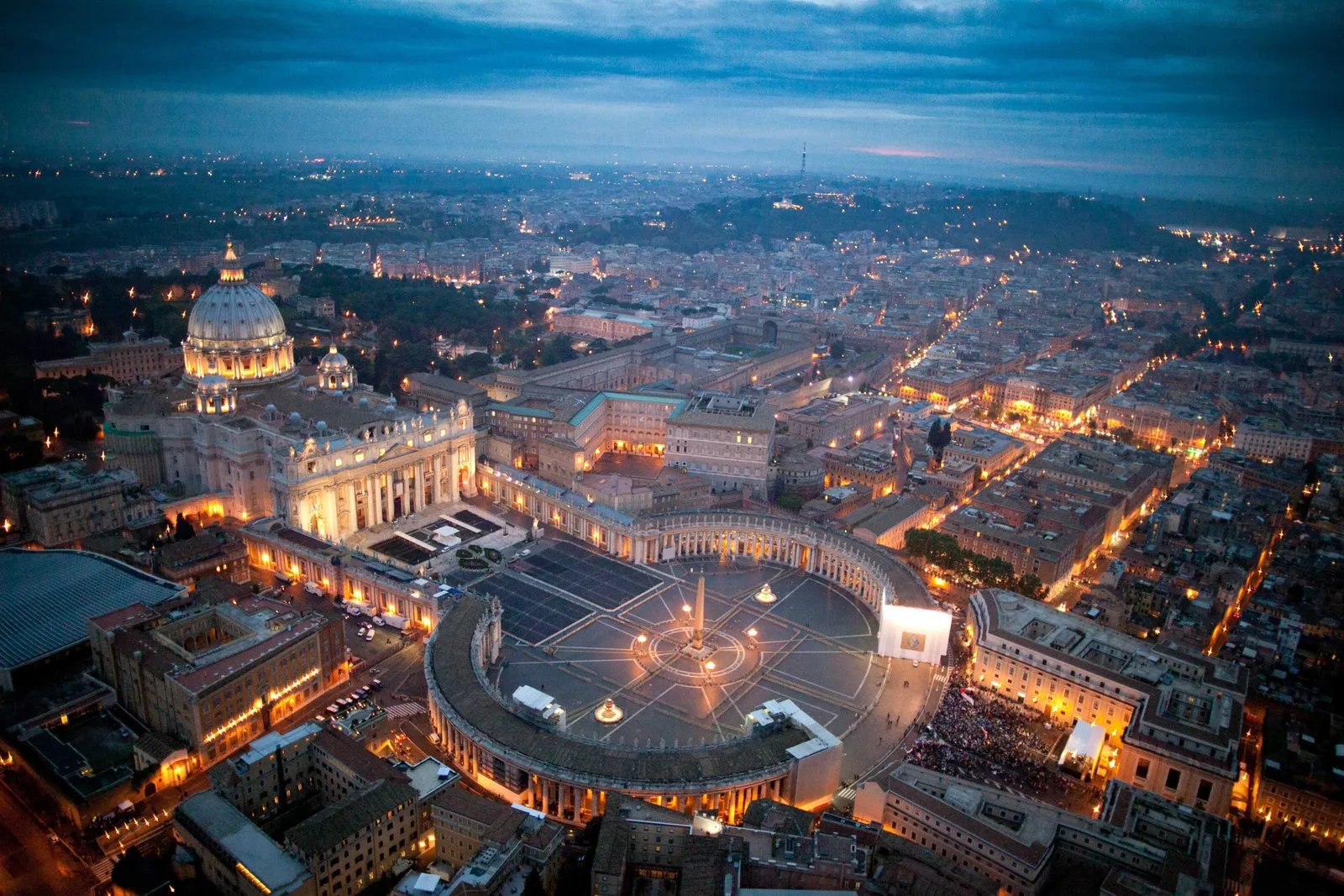Aerial view of Vatican City and St. Peter's Square at dusk