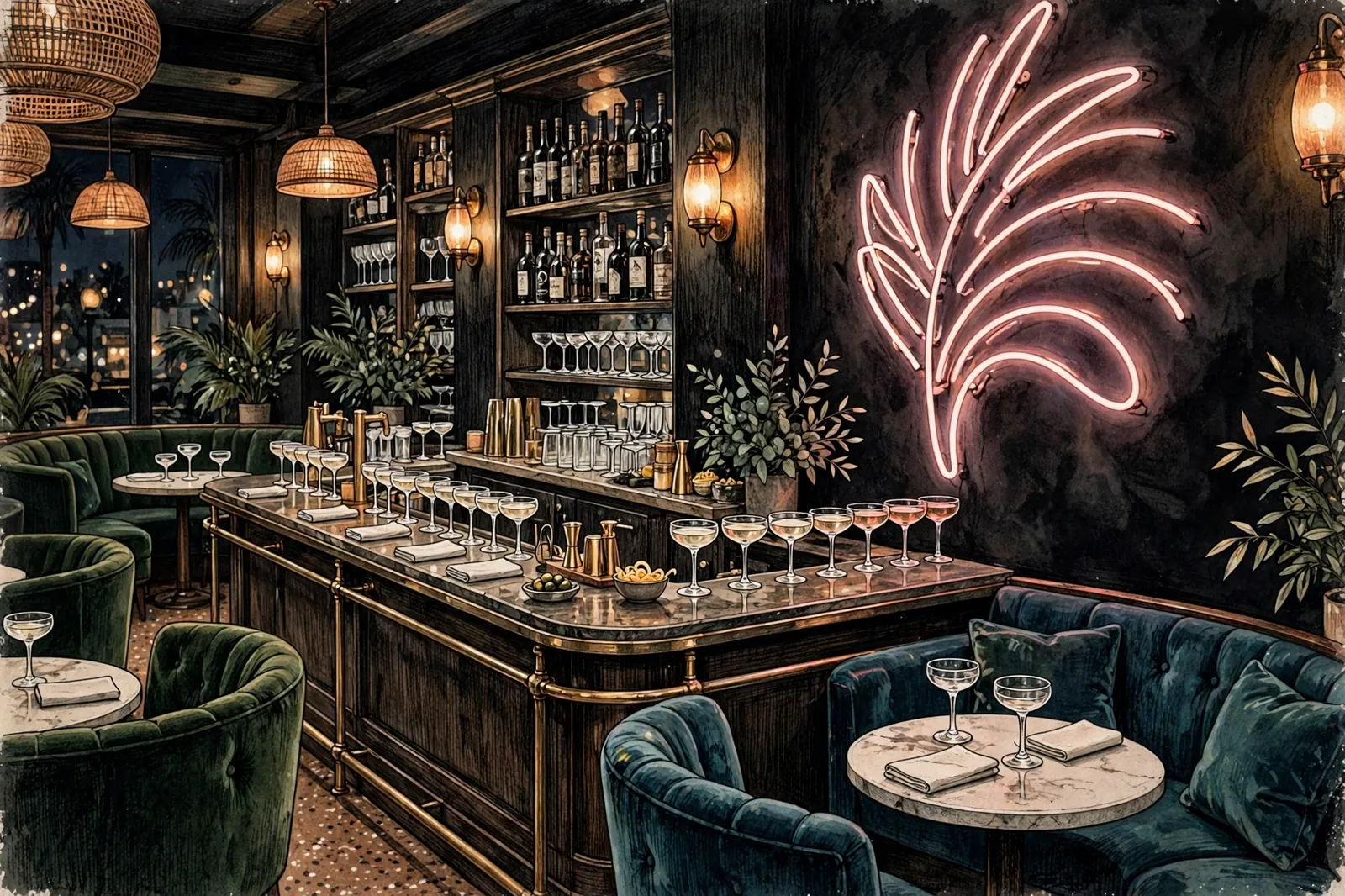 Illustration of a glamorous West Hollywood restaurant at night — Vanderpump rules cast where are they now